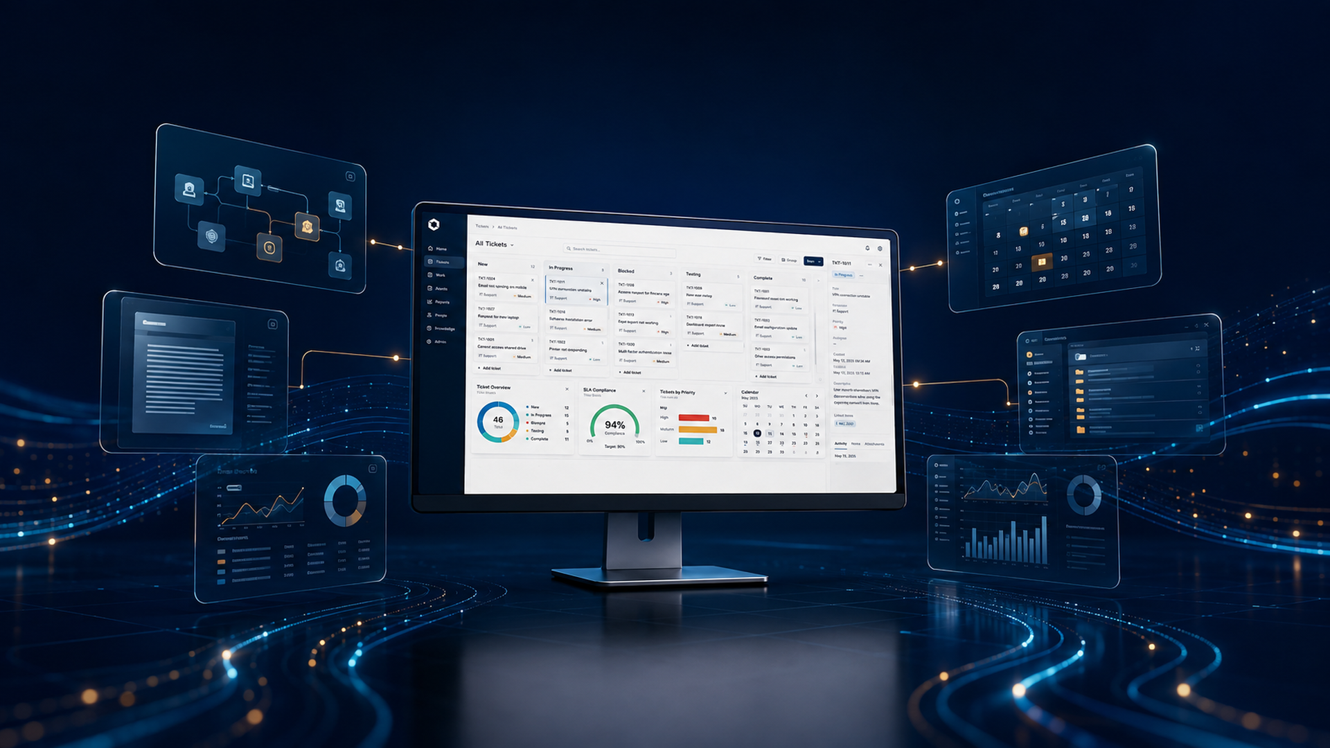 UnityDesk workspace connecting ticketing, planning, documentation, calendar, and reporting